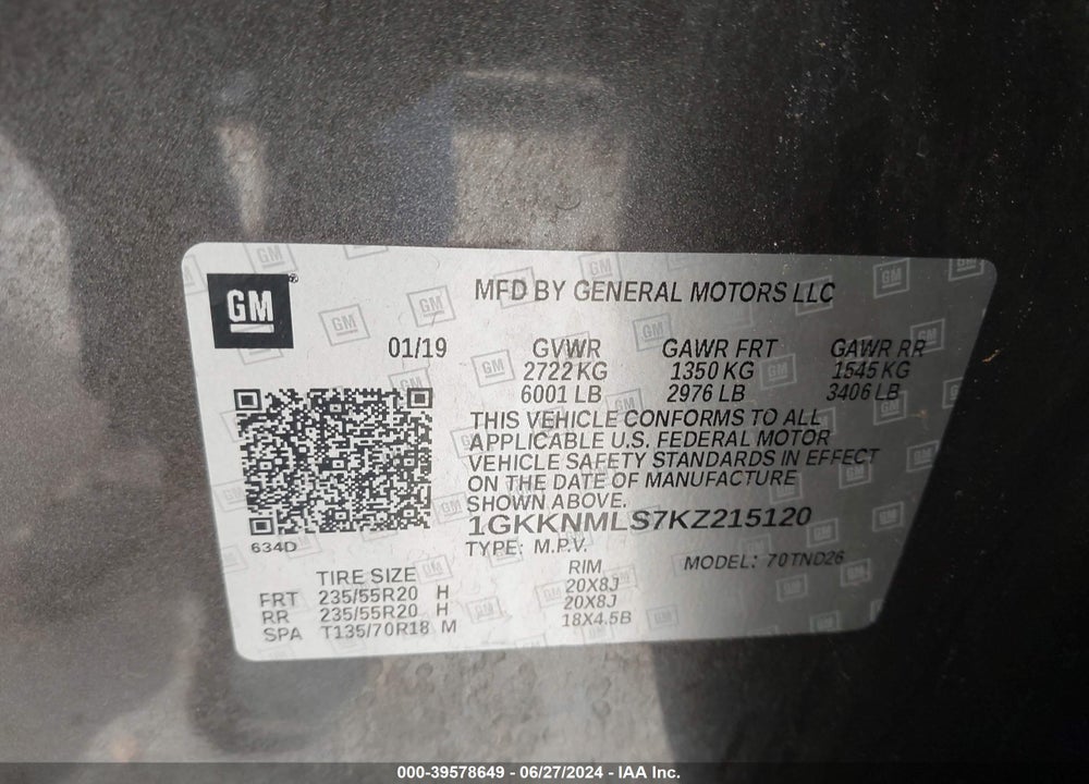 2019 GMC ACADIA SLT-1 VIN: 1GKKNMLS7KZ215120
