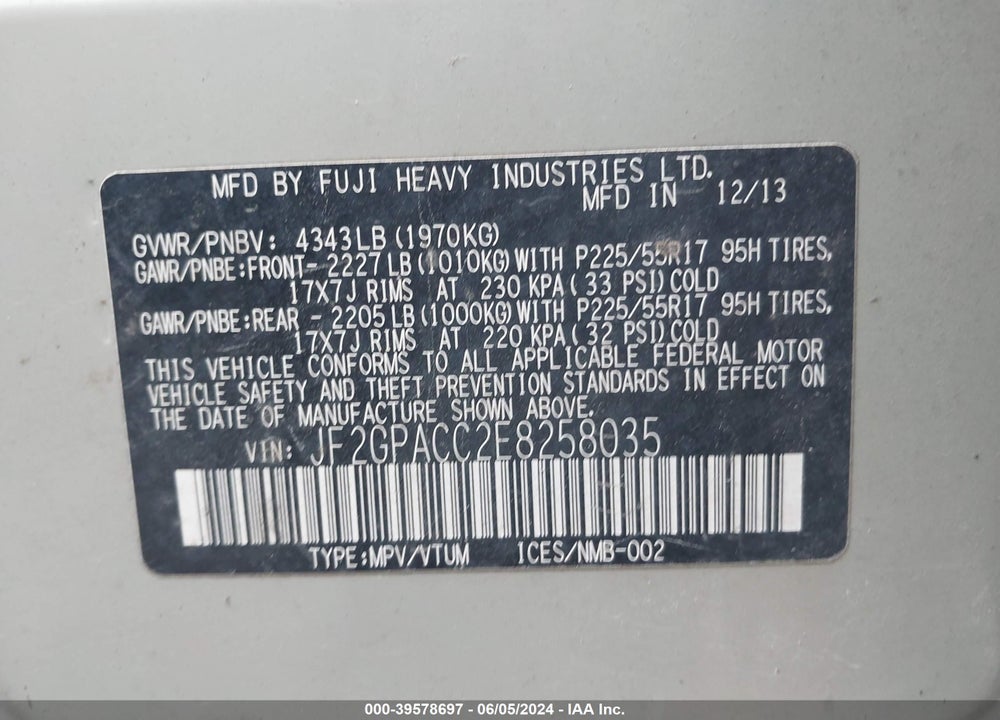 2014 SUBARU XV CROSSTREK 2.0I PREMIUM VIN: JF2GPACC2E8258035