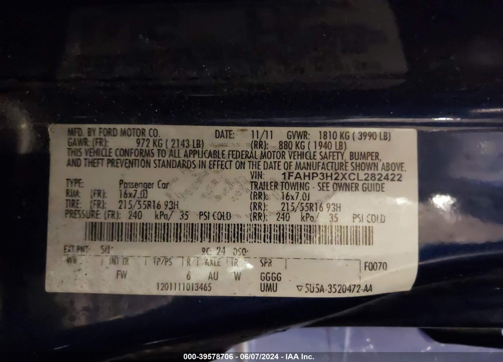 2012 FORD FOCUS SEL VIN: 1FAHP3H2XCL282422