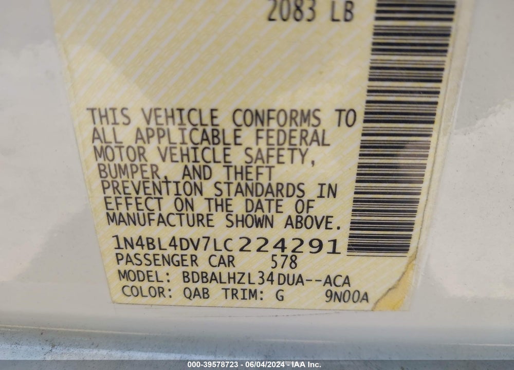 2020 NISSAN ALTIMA VIN: 1N4BL4DV7LC224291