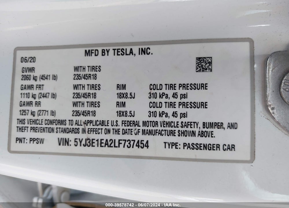 2020 TESLA MODEL 3 STANDARD RANGE PLUS REAR-WHEEL DRIVE/STANDARD RANGE REAR-WHEEL DRIVE VIN: 5YJ3E1EA2LF737454