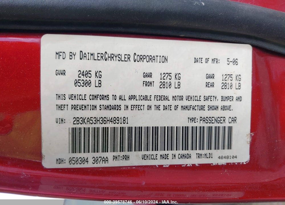 2006 DODGE CHARGER RT VIN: 2B3KA53H36H489181