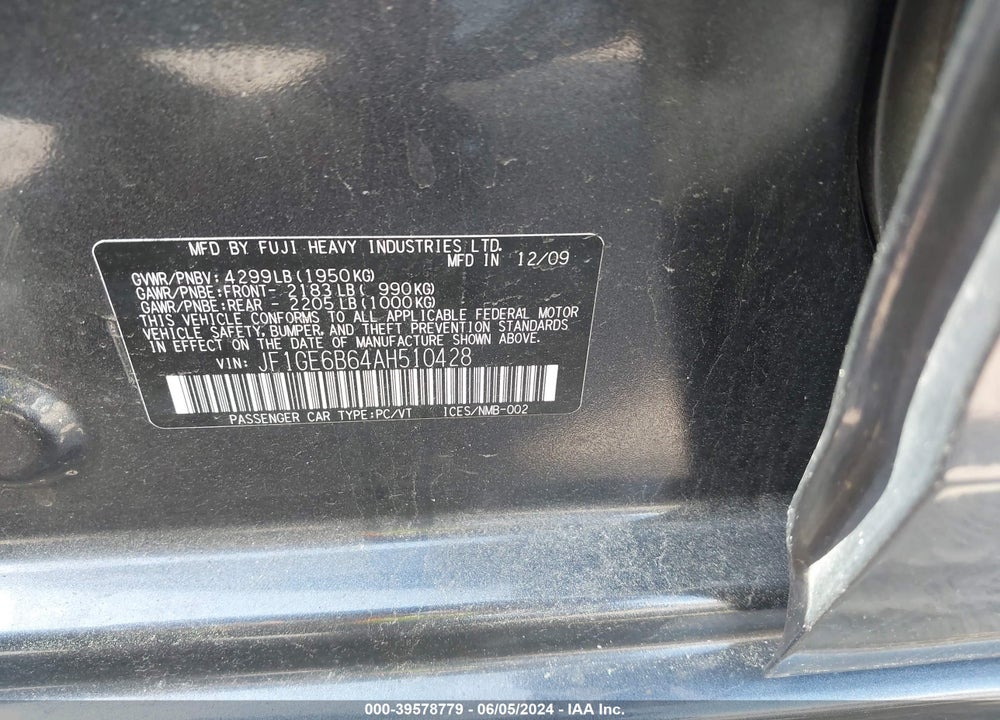 2010 SUBARU IMPREZA 2.5I PREMIUM VIN: JF1GE6B64AH510428