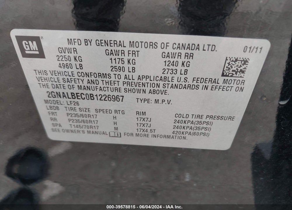 2011 CHEVROLET EQUINOX LS VIN: 2GNALBEC0B1226967