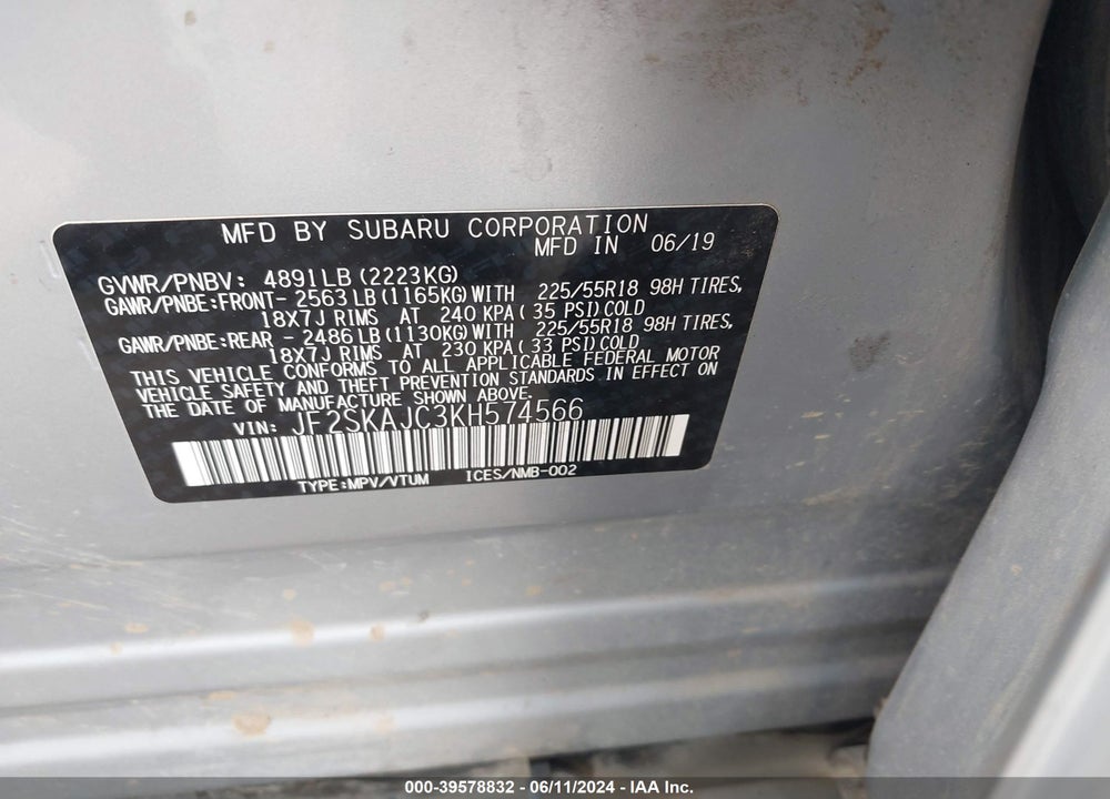 2019 SUBARU FORESTER SPORT VIN: JF2SKAJC3KH574566