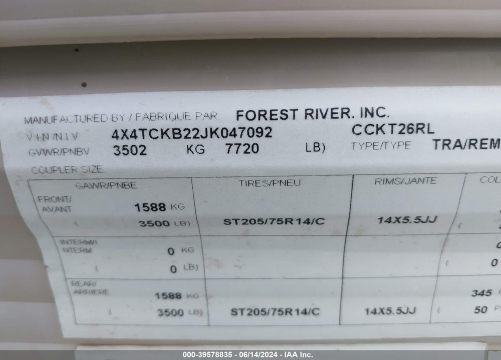 2018 FOREST RIVER GREY WOLF M-26RL VIN: 4X4TCKB22JK047092