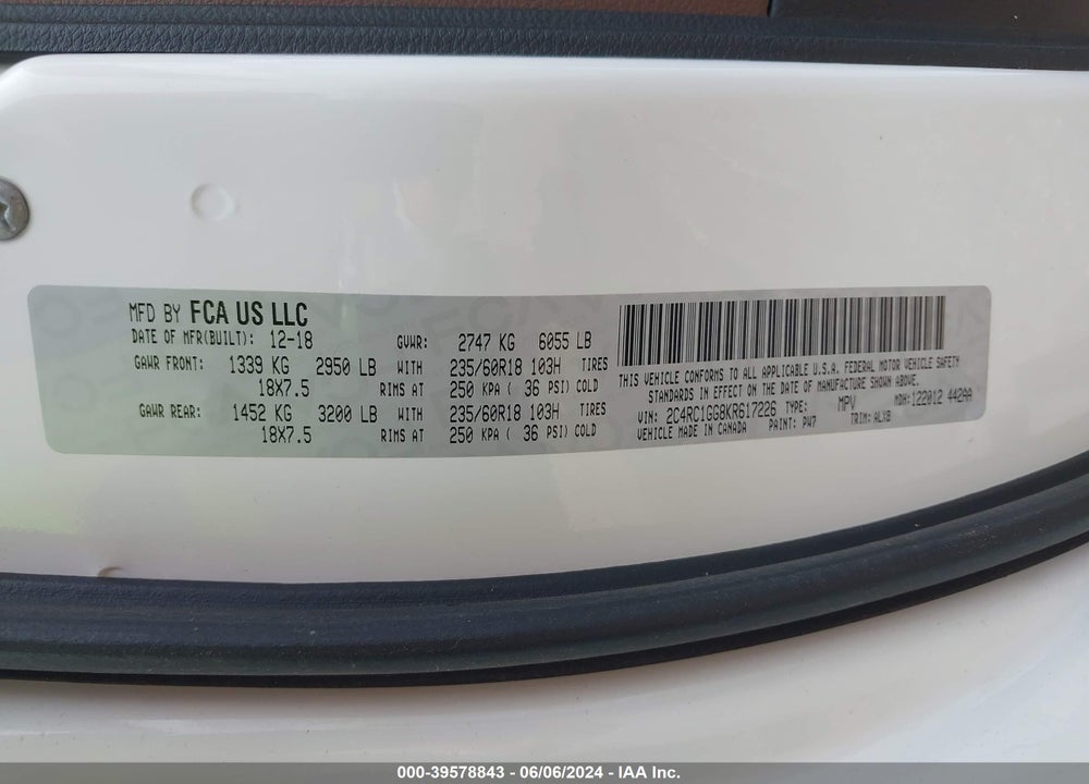 2019 CHRYSLER PACIFICA LIMITED VIN: 2C4RC1GG8KR617226