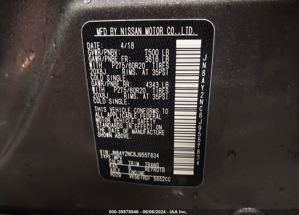 2018 NISSAN ARMADA SL VIN: JN8AY2NC8J9557834