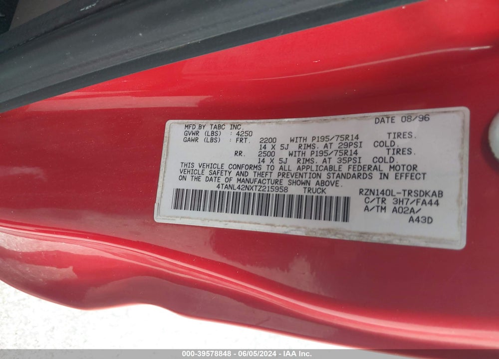 1996 TOYOTA TACOMA VIN: 4TANL42NXTZ215958