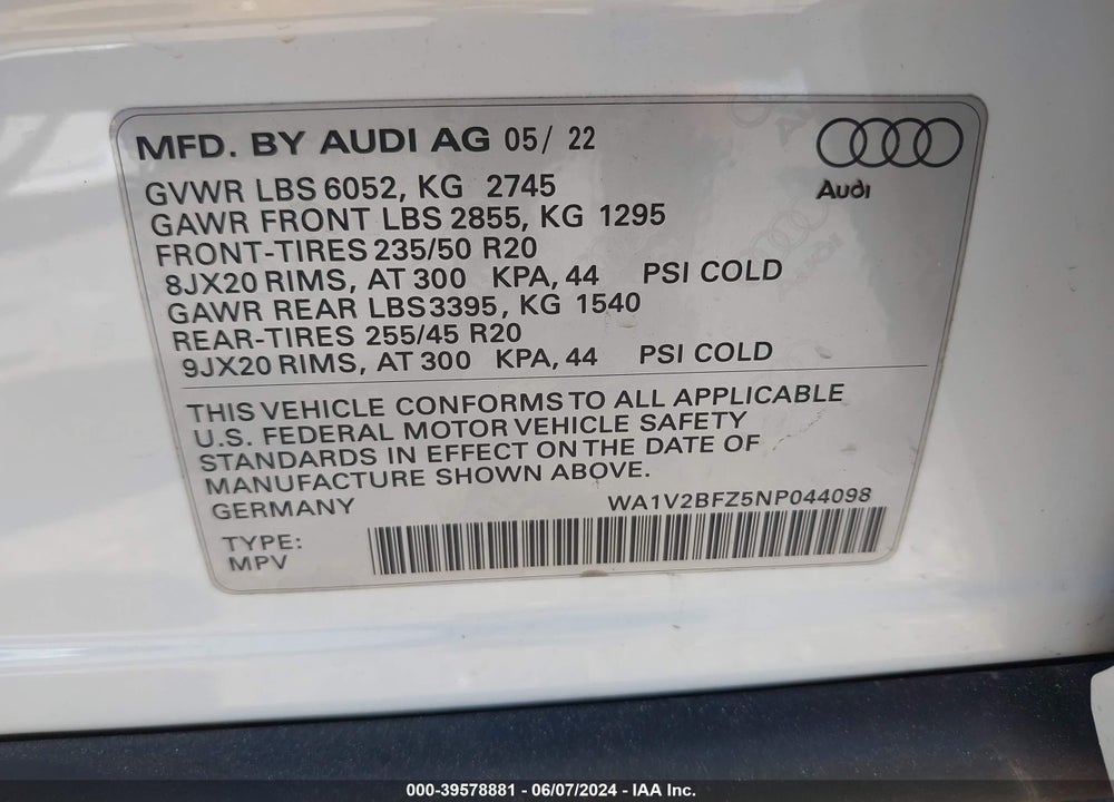 2022 AUDI Q4 SPORTBACK E-TRON PREMIUM 50 QUATTRO VIN: WA1V2BFZ5NP044098