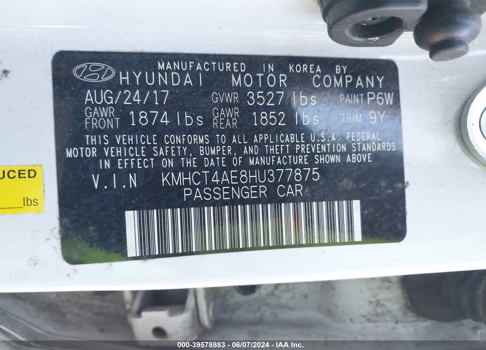2017 HYUNDAI ACCENT SE VIN: KMHCT4AE8HU377875