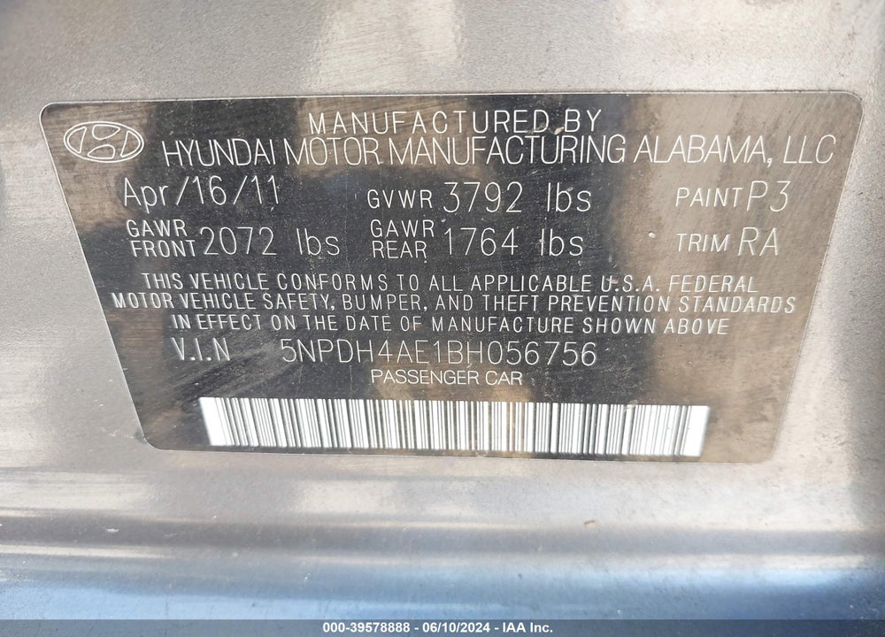 2011 HYUNDAI ELANTRA GLS VIN: 5NPDH4AE1BH056756
