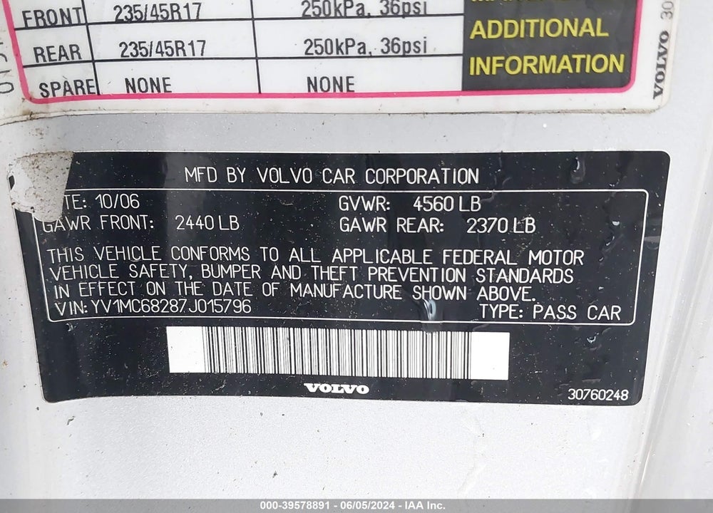 2007 VOLVO C70 T5 VIN: YV1MC68287J015796