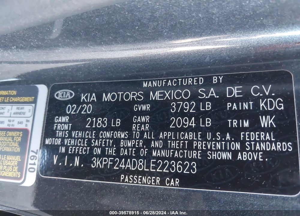 2020 KIA FORTE LXS VIN: 3KPF24AD8LE223623