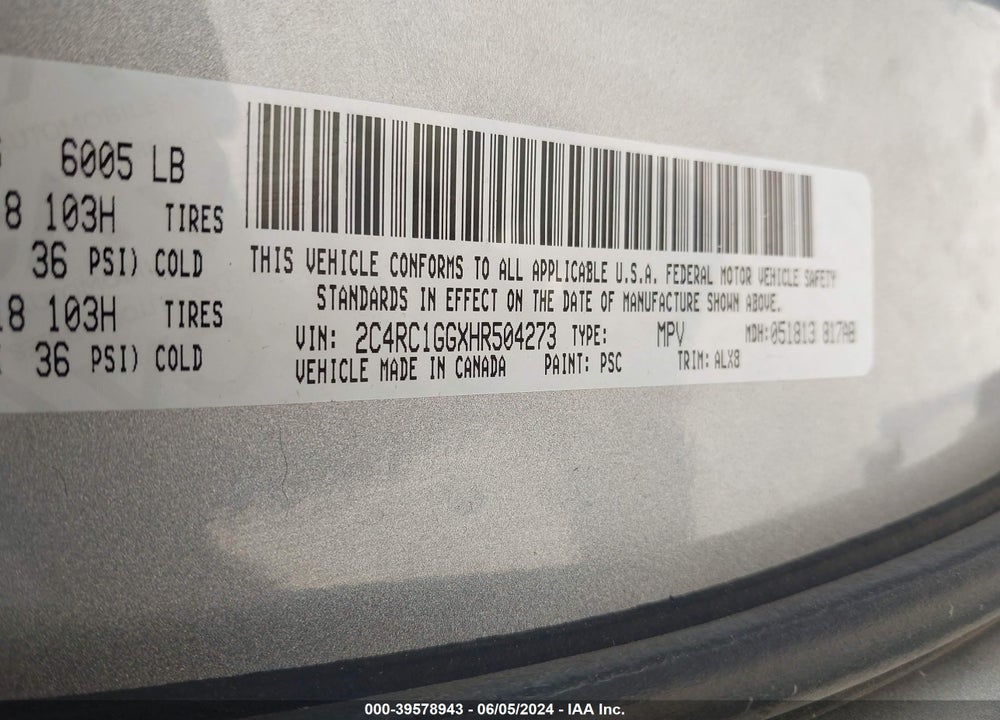 2017 CHRYSLER PACIFICA LIMITED VIN: 2C4RC1GGXHR504273