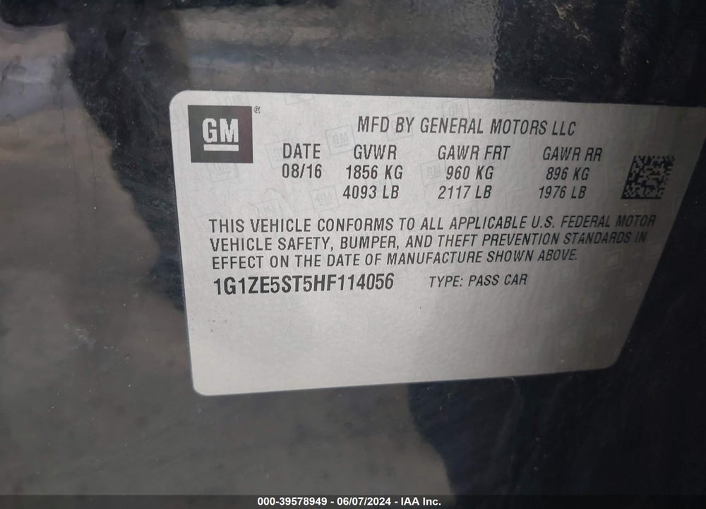 2017 CHEVROLET MALIBU 1LT VIN: 1G1ZE5ST5HF114056