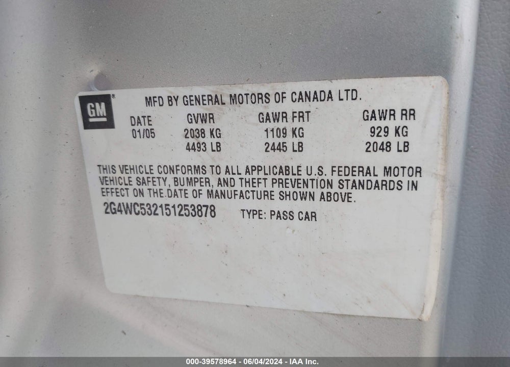 2005 BUICK LACROSSE VIN: 2G4WC532151253878