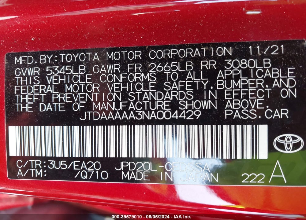 2022 TOYOTA MIRAI XLE VIN: JTDAAAAA3NA004429