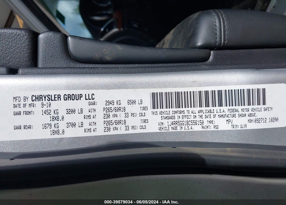 2011 JEEP GRAND CHEROKEE LIMITED VIN: 1J4RR5GG1BC556150