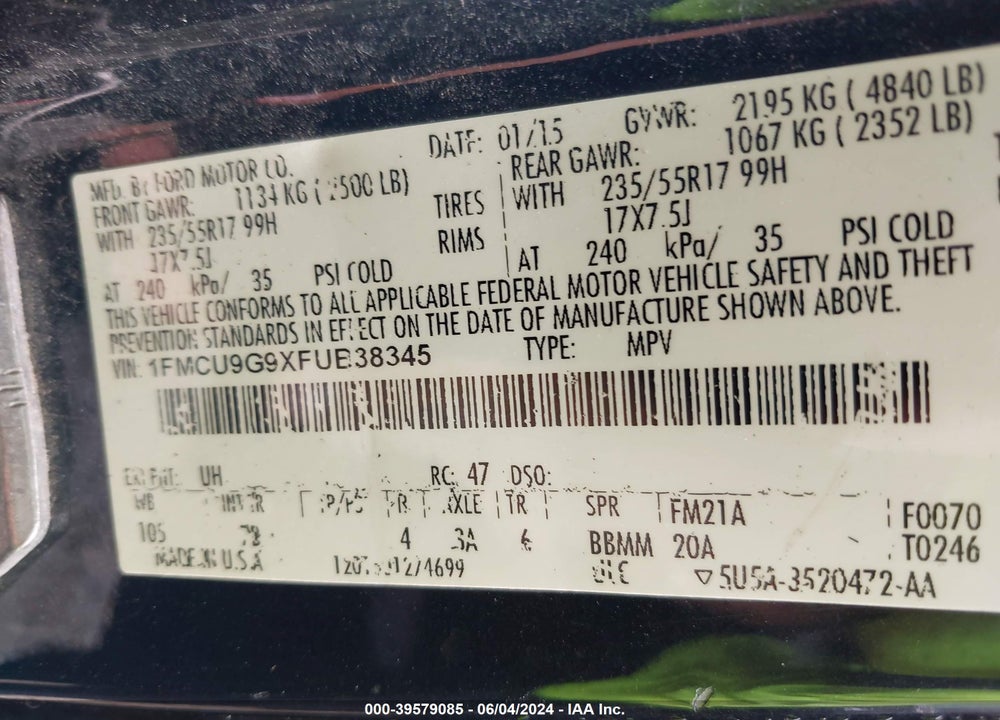 2015 ESCAPE FORD  SE VIN: 1FMCU9G9XFUB38345