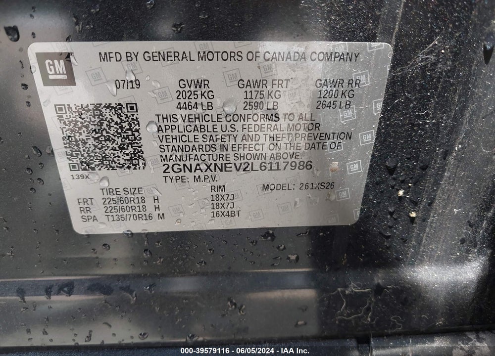 2020 CHEVROLET EQUINOX FWD PREMIER 1.5L TURBO VIN: 2GNAXNEV2L6117986