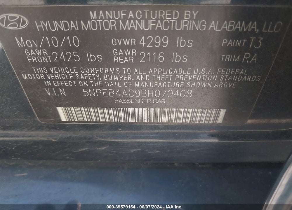 2011 HYUNDAI SONATA GLS VIN: 5NPEB4AC9BH070408