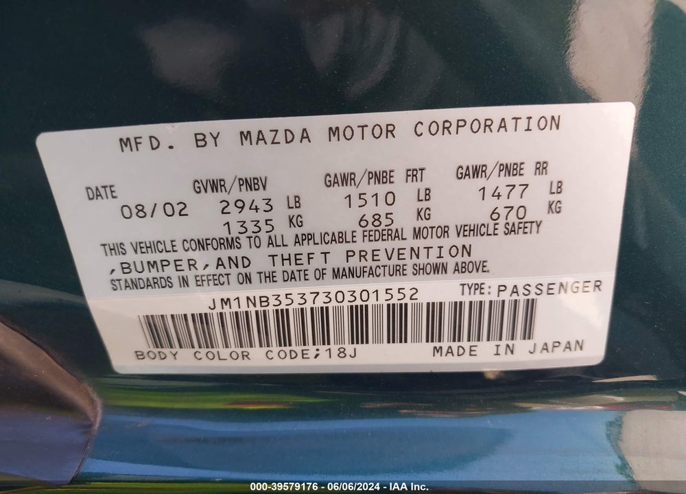 2003 MAZDA MX-5 MIATA CLOTH/LS/SE/SHINSEN VIN: JM1NB353730301552