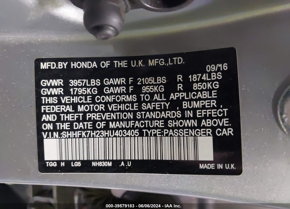 2017 HONDA CIVIC LX VIN: SHHFK7H23HU403405