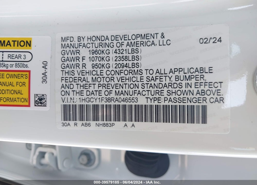 2024 HONDA ACCORD EX VIN: 1HGCY1F38RA046553