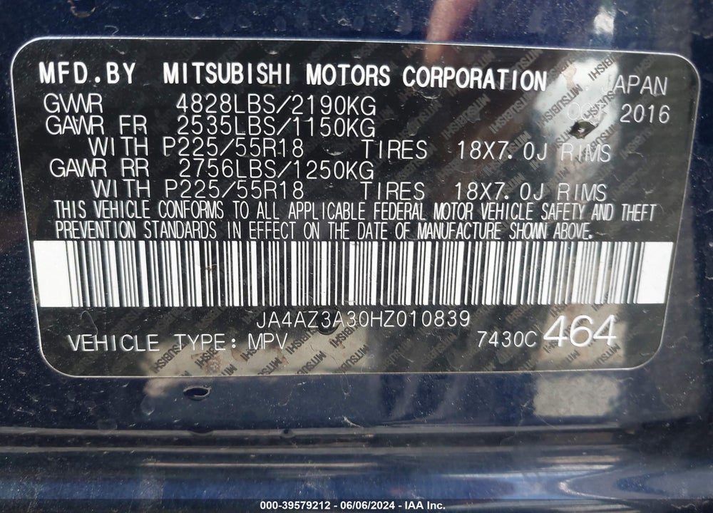 2017 MITSUBISHI OUTLANDER SE VIN: JA4AZ3A30HZ010839