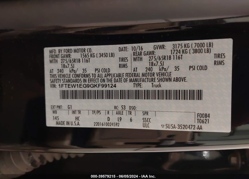 2016 FORD F-150 LARIAT VIN: 1FTEW1EG9GKF99124