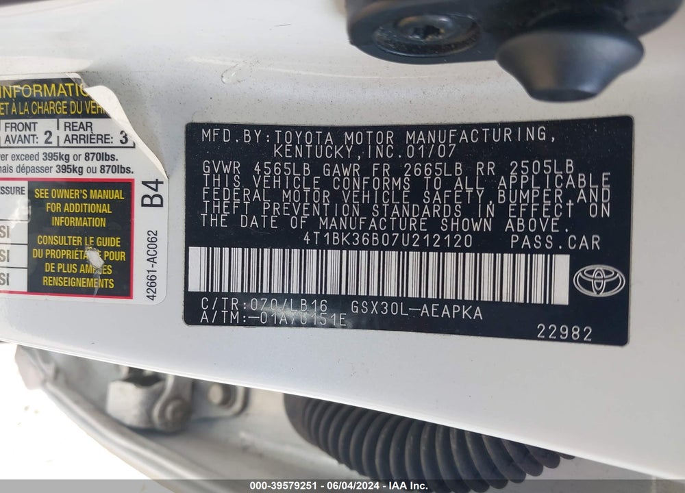 2007 TOYOTA AVALON LIMITED VIN: 4T1BK36B07U212120