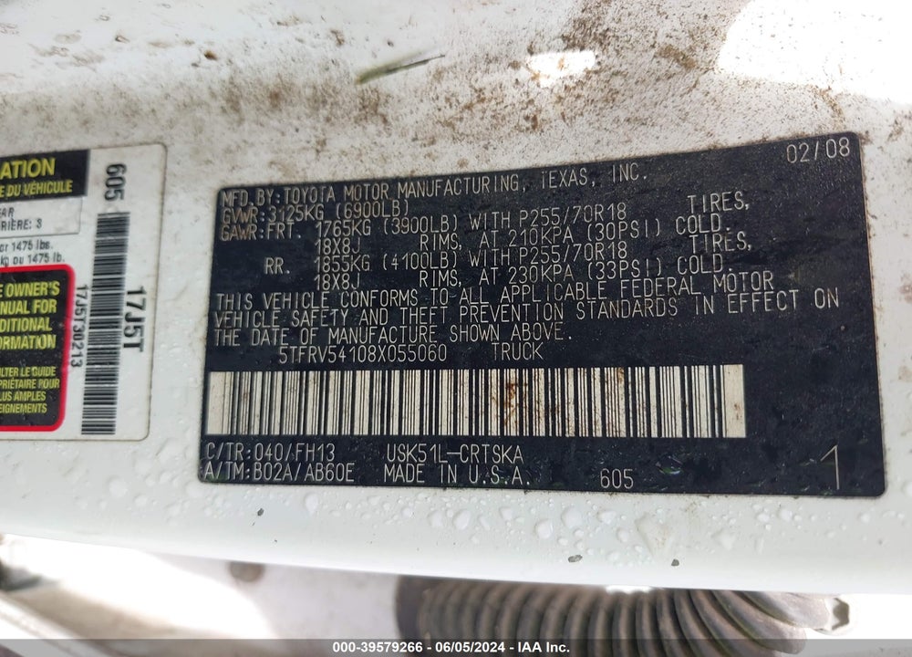 2008 TOYOTA TUNDRA SR5 5.7L V8 VIN: 5TFRV54108X055060