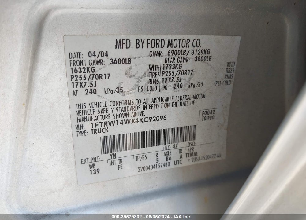 2004 FORD F-150 XLT VIN: 1FTRW14WX4KC92096