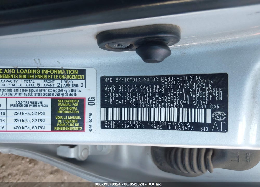 2014 TOYOTA COROLLA LE VIN: 2T1BURHE9EC175099