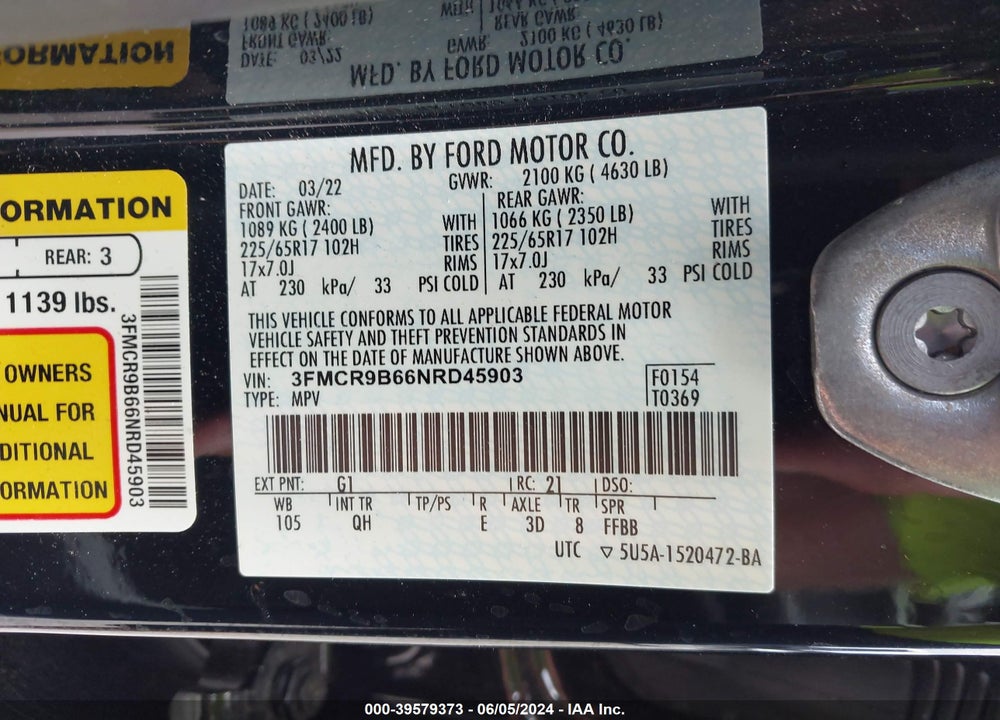 2022 FORD BRONCO SPORT BIG BEND VIN: 3FMCR9B66NRD45903