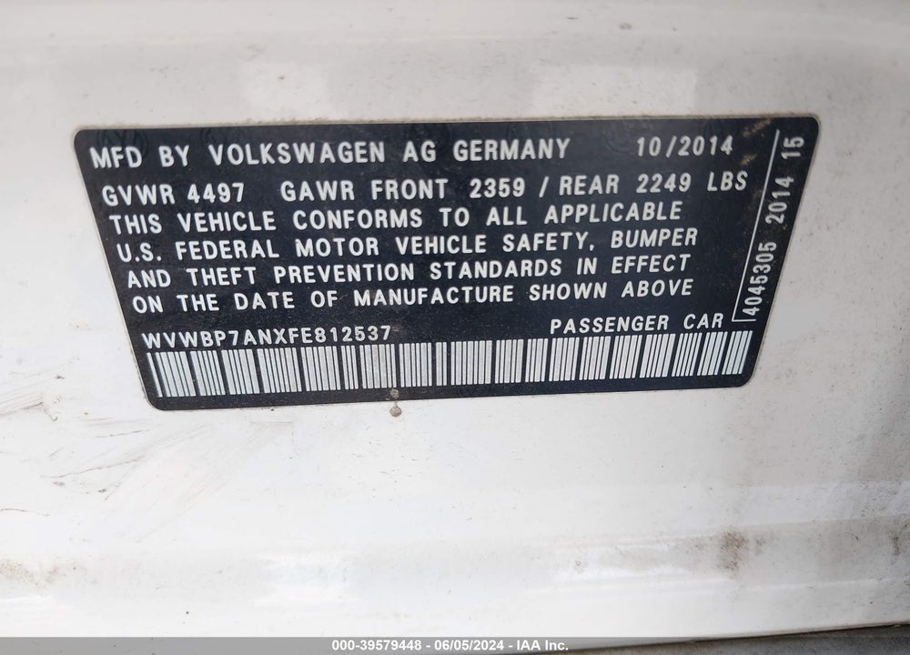 2015 VOLKSWAGEN CC 2.0T SPORT VIN: WVWBP7ANXFE812537
