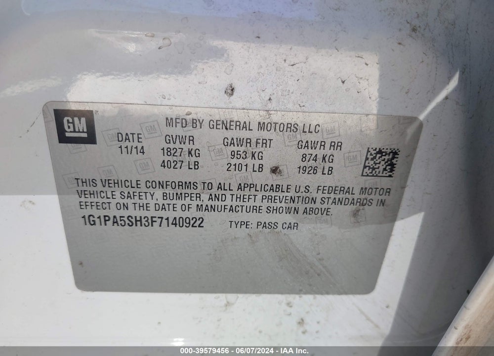 2015 CHEVROLET CRUZE LS AUTO VIN: 1G1PA5SH3F7140922