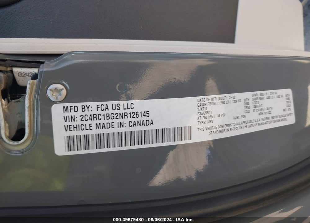 2022 CHRYSLER PACIFICA TOURING L VIN: 2C4RC1BG2NR126145