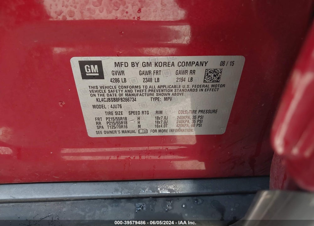 2015 BUICK ENCORE VIN: KL4CJBSB8FB266734