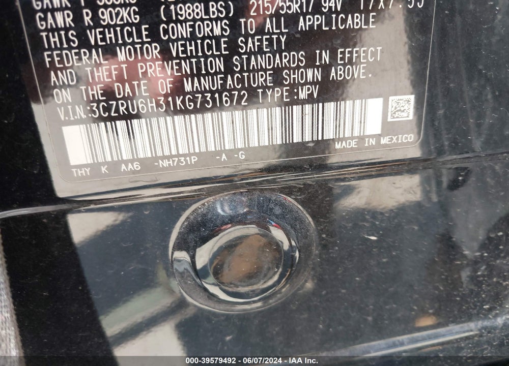 2019 HONDA HR-V LX VIN: 3CZRU6H31KG731672