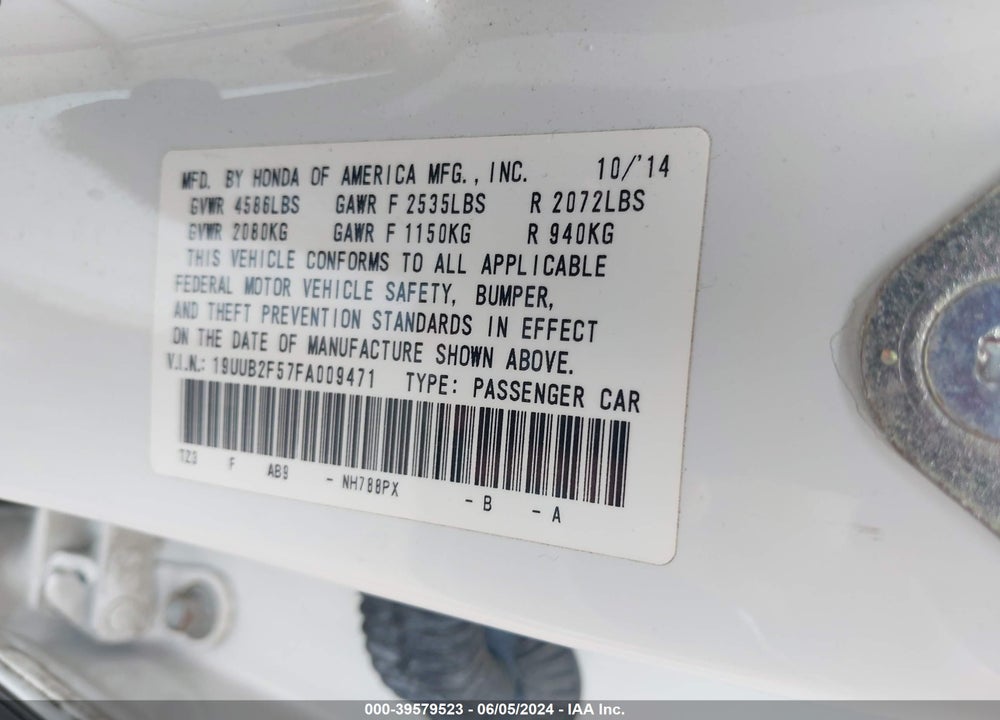 2015 ACURA TLX V6 TECH VIN: 19UUB2F57FA009471