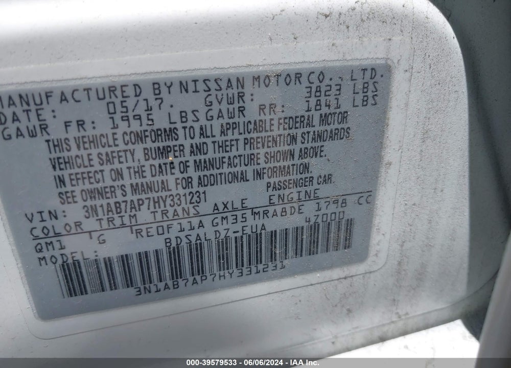 2017 NISSAN SENTRA VIN: 3N1AB7AP7HY331231