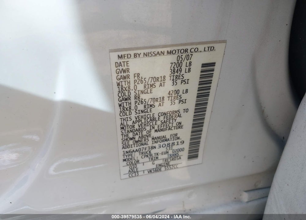 2008 NISSAN TITAN SE VIN: 1N6AA07F38N308819
