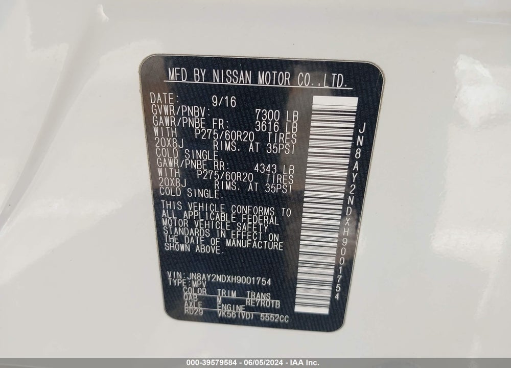 2017 NISSAN ARMADA SL VIN: JN8AY2NDXH9001754