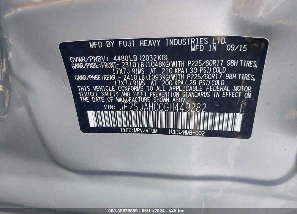 2016 SUBARU FORESTER 2.5I LIMITED VIN: JF2SJAHC0GH449282