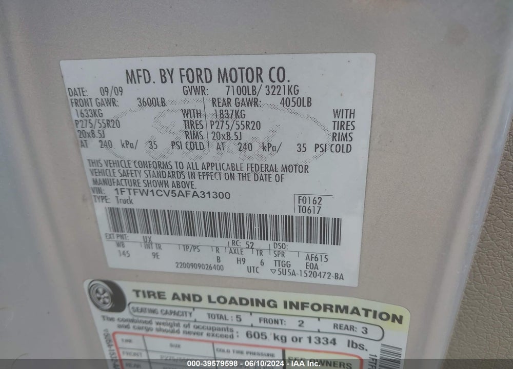 2010 HARLEY-DAVIDSON FORD F-150 FX2 SPORT//KING RANCH/LARIAT/PLATINUM/XL/XLT VIN: 1FTFW1CV5AFA31300
