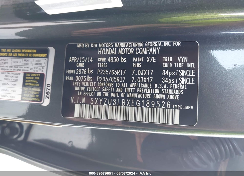 2014 HYUNDAI SANTA FE SPORT 2.4L VIN: 5XYZU3LBXEG189526
