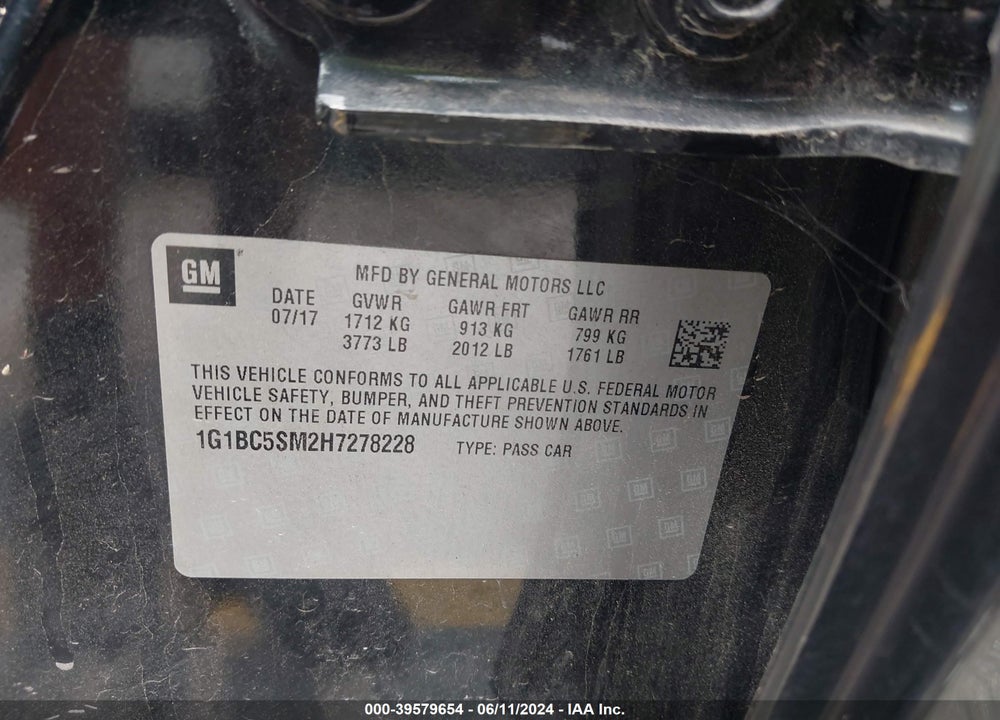 2017 CHEVROLET CRUZE LS AUTO VIN: 1G1BC5SM2H7278228