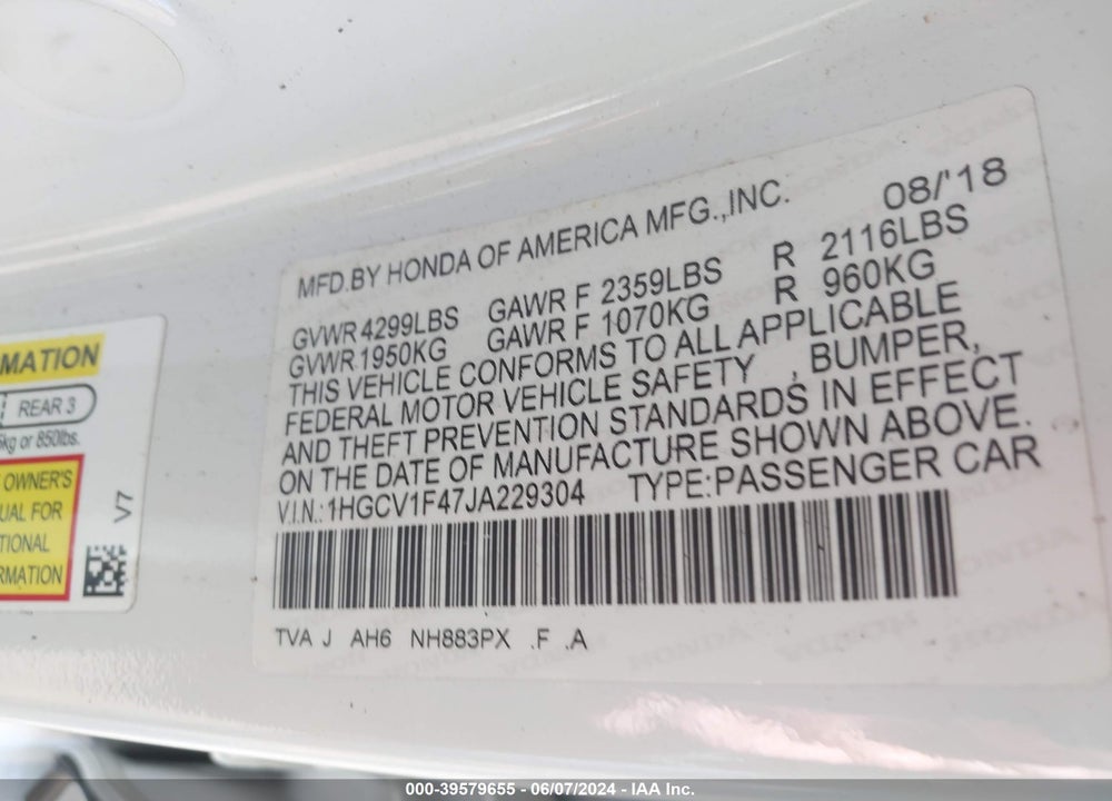 2018 HONDA ACCORD EX VIN: 1HGCV1F47JA229304